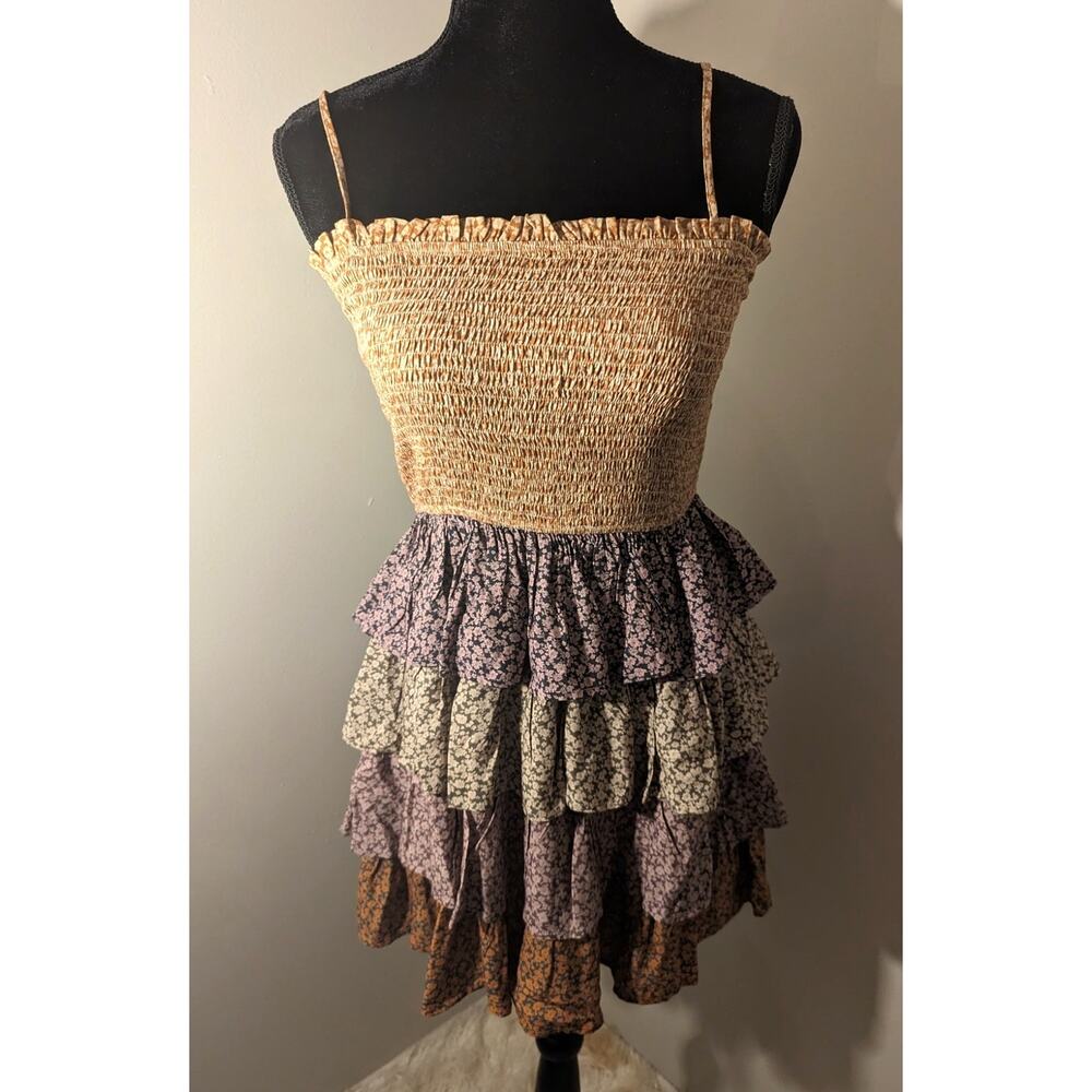 Storia Smocked Tiered Floral Mini Dress Cottagecore Festival Boho Flowy